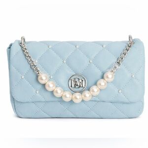 Badgley Mischka Quilted Pearl Chain Shoulder Bag Light Blue - Vegan Leather NWT